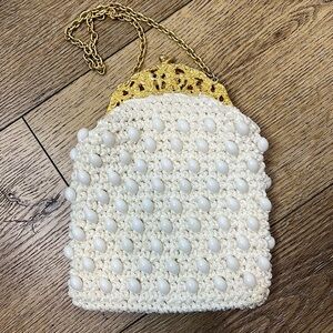 Vintage Ivory Knit Bag with Goldtone Clasp Closure and Chain handle